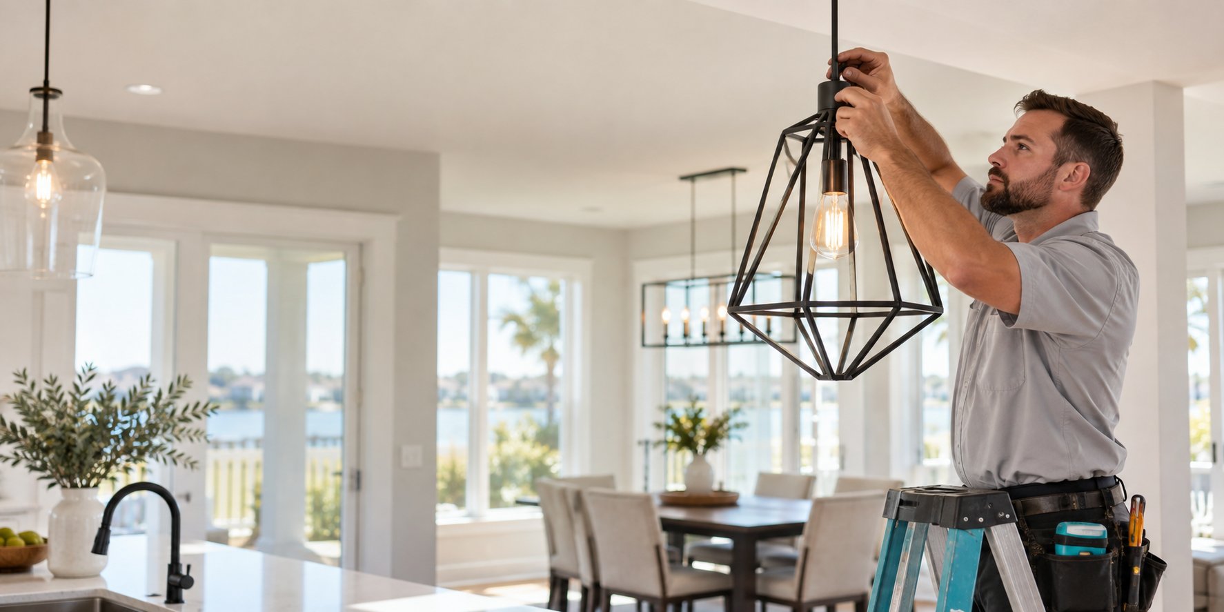 Electrician installing a modern pendant light in a bright home