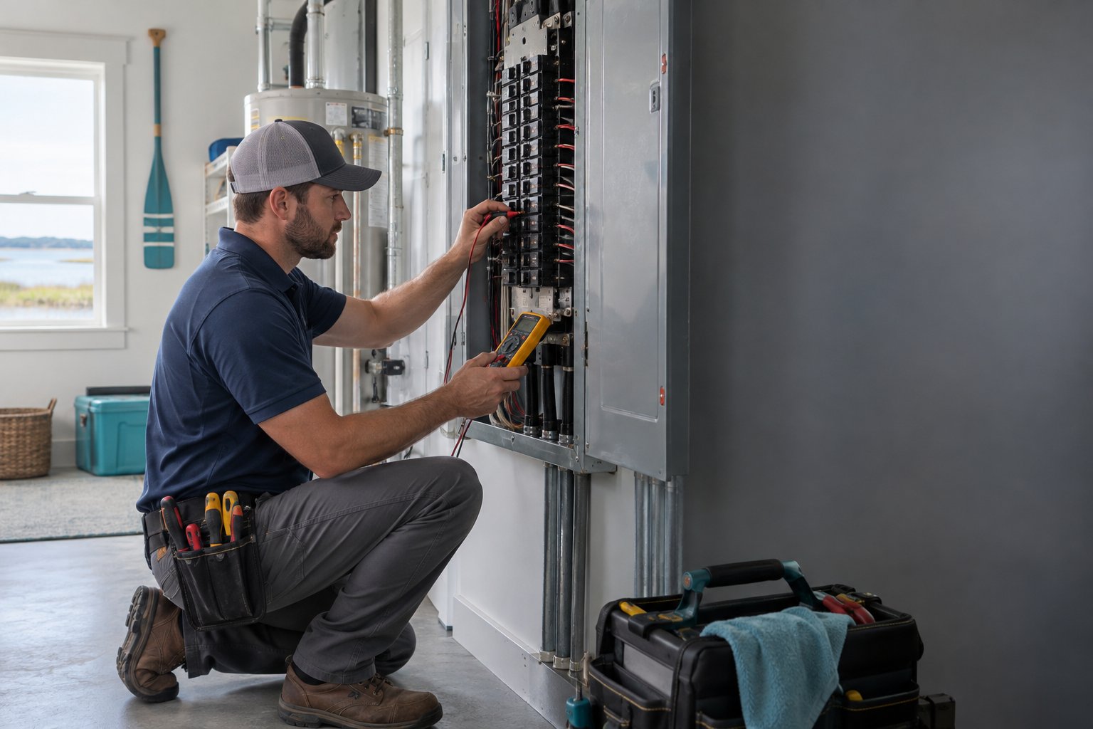 Electrician testing a residential breaker panel
